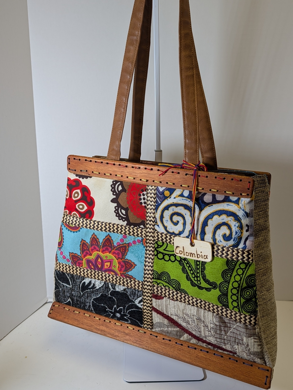Colombia Patchwork Tote Bag with Brown Straps